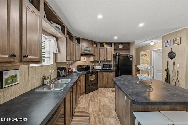 2061 Bolestown Loop, Alpine, TN 38543 - kitchen with open shelves, a sink, black appliances, dark countertops, and a kitchen island