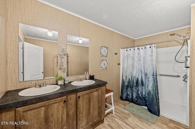 2061 Bolestown Loop, Alpine, TN 38543 - full bath featuring crown molding, a shower with curtain, wood finished floors, a textured ceiling, and double vanity