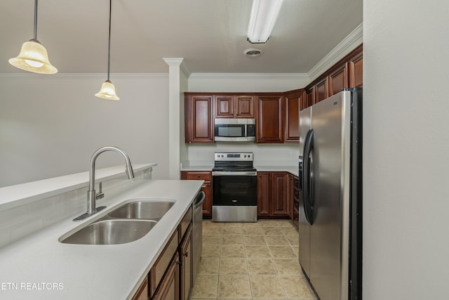 4834 Fountain View Way, Knoxville, TN 37918 - kitchen featuring appliances with stainless steel finishes, a sink, light countertops, crown molding, and pendant lighting