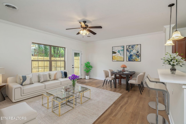 4834 Fountain View Way, Knoxville, TN 37918 - living room featuring ceiling fan, light wood-type flooring, ornamental molding, and baseboards