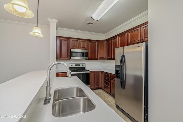 4834 Fountain View Way, Knoxville, TN 37918 - kitchen with appliances with stainless steel finishes, a sink, ornamental molding, light countertops, and hanging light fixtures