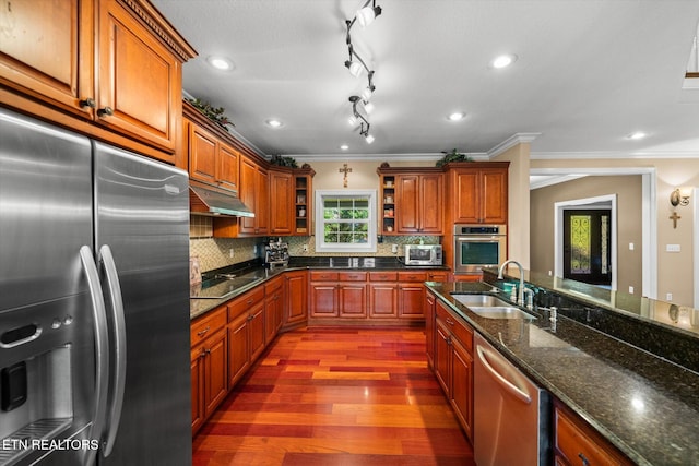 1090 Snow Hill Rd, Oakdale, TN 37829 - kitchen featuring stainless steel appliances, a sink, open shelves, ornamental molding, and wood finished floors