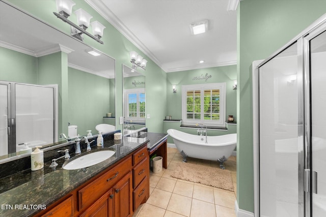 1090 Snow Hill Rd, Oakdale, TN 37829 - full bathroom featuring vanity, a shower stall, tile patterned flooring, crown molding, and a freestanding tub