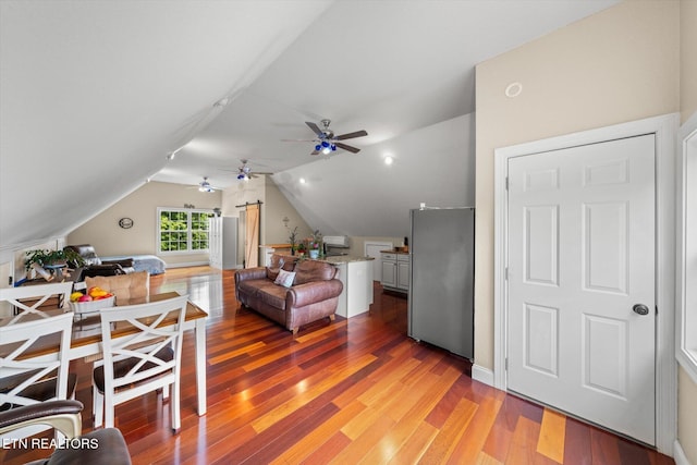 1090 Snow Hill Rd, Oakdale, TN 37829 - dining room with ceiling fan, lofted ceiling, and light wood finished floors