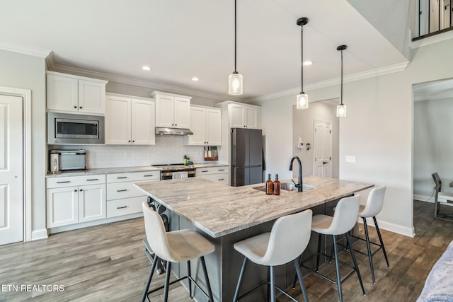9337 Sandy Springs Ln, Knoxville, TN 37922 - kitchen with appliances with stainless steel finishes, under cabinet range hood, wood finished floors, a sink, and white cabinetry