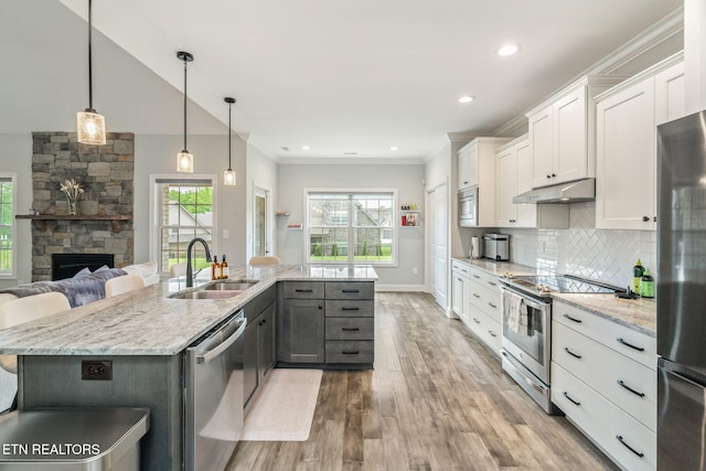 9337 Sandy Springs Ln, Knoxville, TN 37922 - kitchen with appliances with stainless steel finishes, a sink, under cabinet range hood, light wood finished floors, and white cabinets