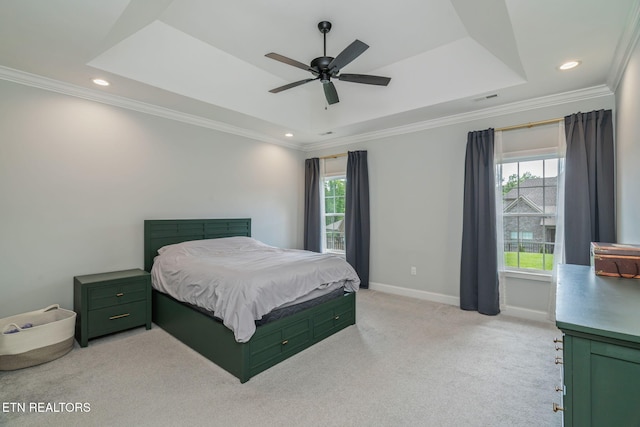 9337 Sandy Springs Ln, Knoxville, TN 37922 - bedroom featuring a tray ceiling, light colored carpet, baseboards, crown molding, and recessed lighting