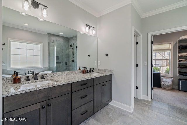 9337 Sandy Springs Ln, Knoxville, TN 37922 - full bathroom with a shower stall, baseboards, double vanity, and crown molding