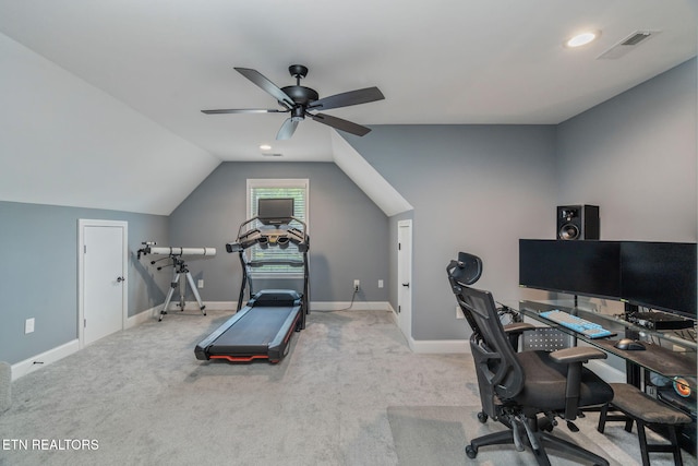 9337 Sandy Springs Ln, Knoxville, TN 37922 - carpeted home office featuring a ceiling fan, baseboards, and lofted ceiling