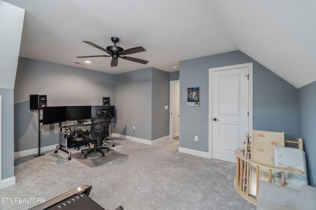 9337 Sandy Springs Ln, Knoxville, TN 37922 - carpeted home office with a ceiling fan, baseboards, vaulted ceiling, and recessed lighting