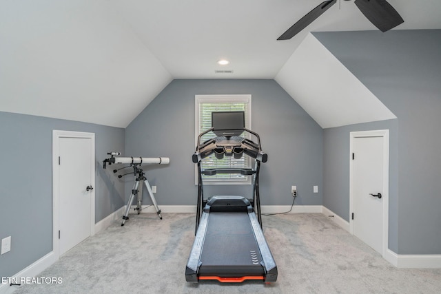 9337 Sandy Springs Ln, Knoxville, TN 37922 - exercise area featuring ceiling fan, carpet flooring, vaulted ceiling, and baseboards