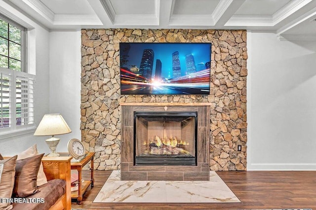 2464 Mountain Dr, Lenoir City, TN 37772 - detailed view of a fireplace with flush hearth, wood finished floors, ornamental molding, and baseboards
