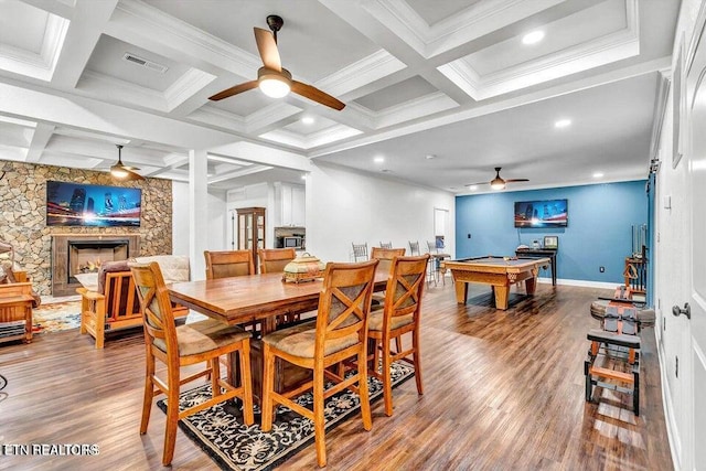 2464 Mountain Dr, Lenoir City, TN 37772 - dining room featuring a ceiling fan, wood finished floors, beamed ceiling, a fireplace, and pool table