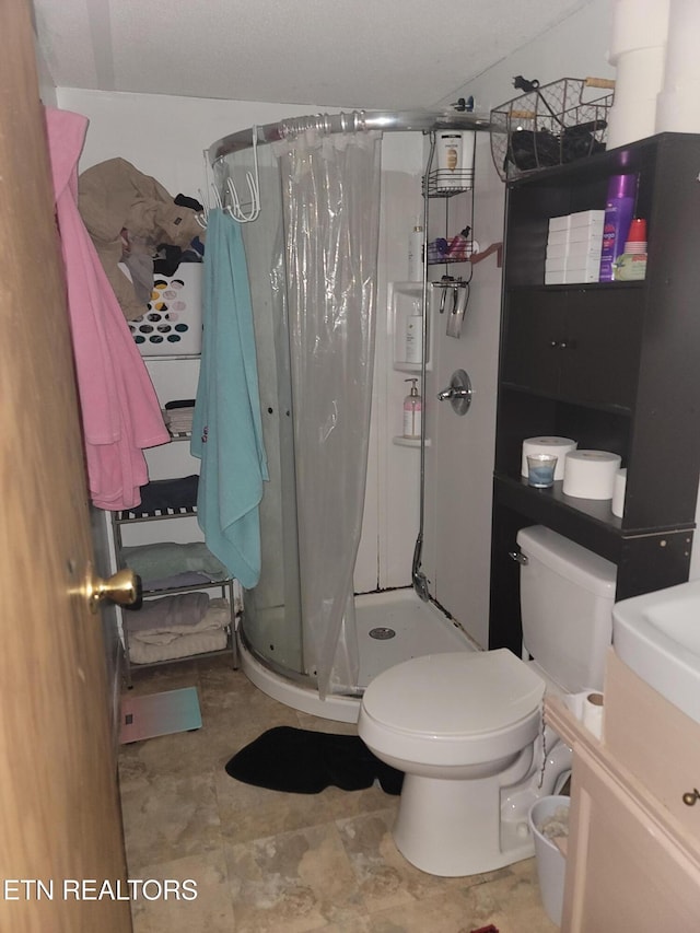 full bathroom featuring a shower stall, toilet, and vanity