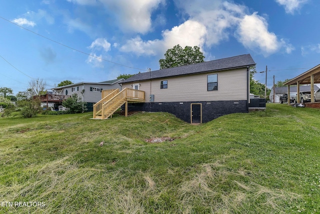 911 Valley Vista Dr, Loudon, TN 37774 - rear view of property with crawl space, stairs, a deck, and a yard