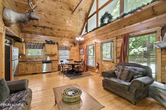 living room featuring wooden ceiling, light wood-style flooring, beam ceiling, high vaulted ceiling, and wood walls