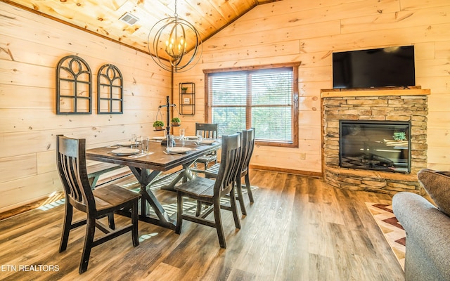dining space with wood finished floors, wood walls, a chandelier, lofted ceiling, and wooden ceiling