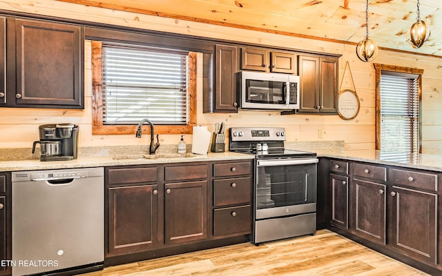 kitchen with stainless steel appliances, a sink, healthy amount of natural light, dark brown cabinets, and wooden walls