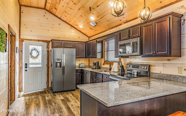 kitchen featuring stainless steel appliances, lofted ceiling, a sink, wood ceiling, and dark wood-style floors