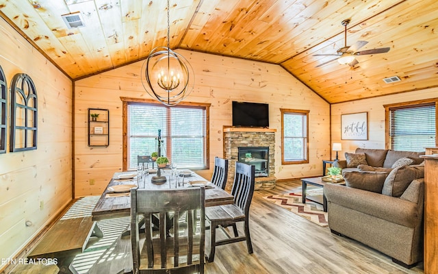 dining area featuring lofted ceiling, wood ceiling, a chandelier, wood finished floors, and wood walls