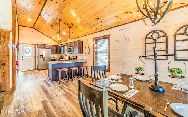 dining space featuring wooden ceiling, lofted ceiling, light wood finished floors, wood walls, and a chandelier