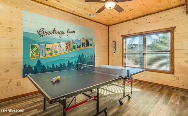 rec room featuring wood finished floors, wood walls, a ceiling fan, wooden ceiling, and baseboards