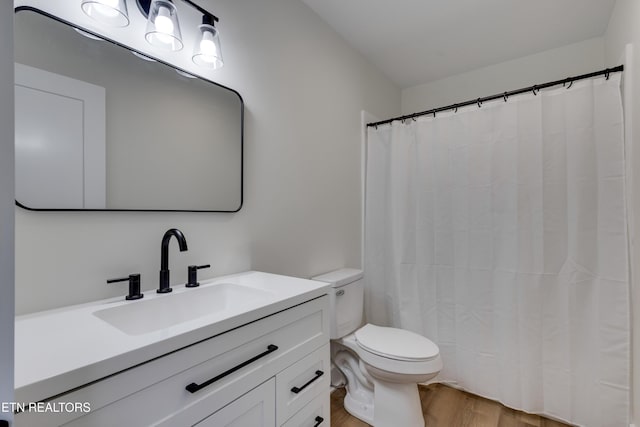 7513 Inverrary Cir, Knoxville, TN 37918 - bathroom featuring wood finished floors, toilet, vanity, and a shower with shower curtain