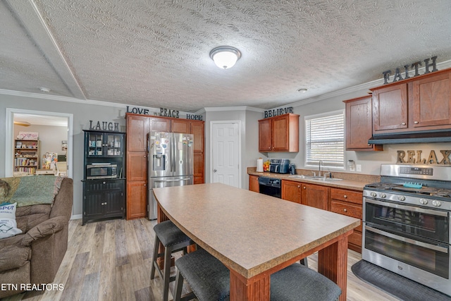 1418 Gulley River Rd, Harrogate, TN 37752 - kitchen with appliances with stainless steel finishes, a sink, under cabinet range hood, a kitchen bar, and light wood-style flooring