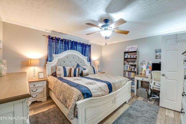 1418 Gulley River Rd, Harrogate, TN 37752 - bedroom with light wood-style floors, ornamental molding, an office area, a textured ceiling, and a ceiling fan
