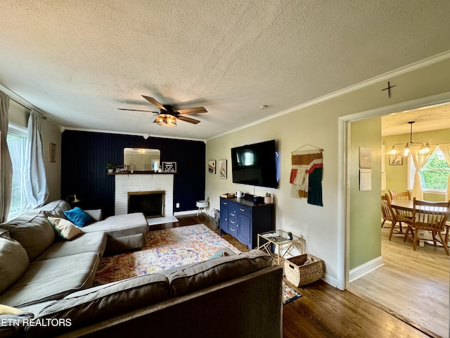 living room with wood finished floors, ornamental molding, a textured ceiling, ceiling fan, and a chandelier
