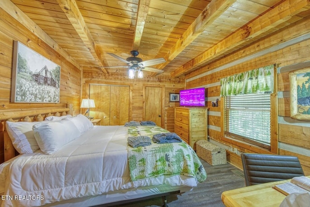 410 Sassafras Trl, Sevierville, TN 37876 - bedroom featuring wooden ceiling with exposed beams, wooden walls, and wood finished floors
