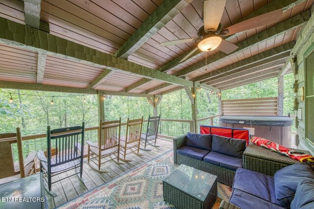 410 Sassafras Trl, Sevierville, TN 37876 - wooden terrace featuring a hot tub, a ceiling fan, and an outdoor living space