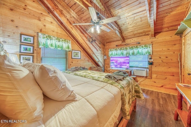 410 Sassafras Trl, Sevierville, TN 37876 - bedroom with wood walls, wood finished floors, wood ceiling, multiple windows, and cooling unit