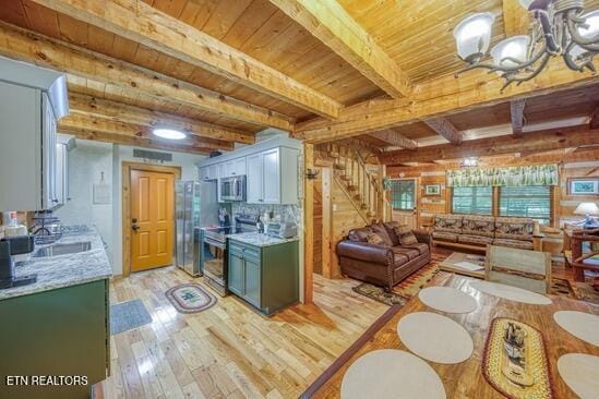 410 Sassafras Trl, Sevierville, TN 37876 - kitchen featuring appliances with stainless steel finishes, wooden ceiling with exposed beams, light countertops, light wood-type flooring, and a chandelier