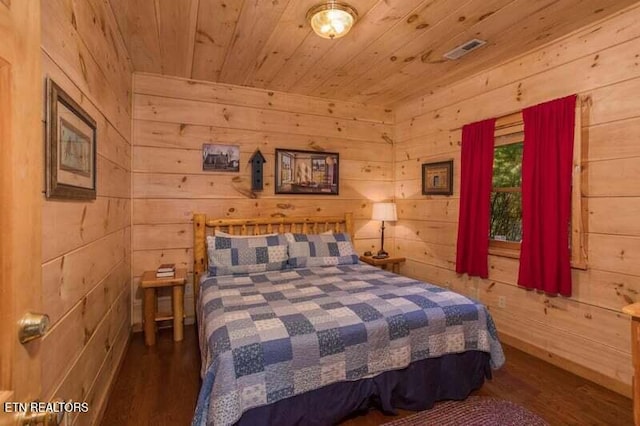 bedroom with wooden ceiling, wood finished floors, and wooden walls