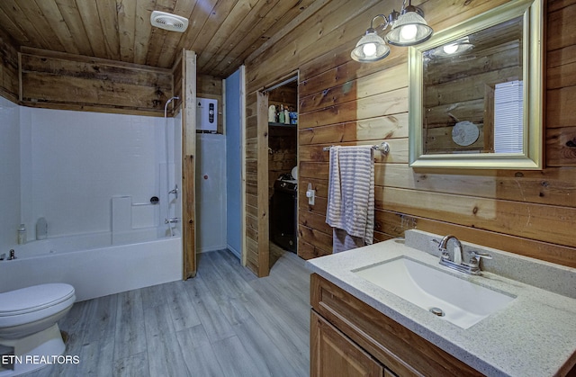 full bath with wooden walls, wooden ceiling, wood finished floors, toilet, and  shower combination