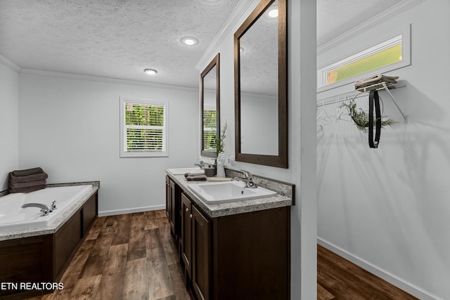 1452 Lower English Creek Rd, Newport, TN 37821 - full bathroom with crown molding, wood finished floors, double vanity, a garden tub, and baseboards