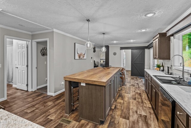 1452 Lower English Creek Rd, Newport, TN 37821 - kitchen featuring dishwasher, wooden counters, a sink, dark wood finished floors, and crown molding