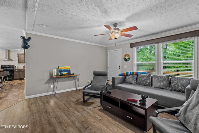 1452 Lower English Creek Rd, Newport, TN 37821 - living room featuring wood finished floors, a ceiling fan, a textured ceiling, ornamental molding, and baseboards