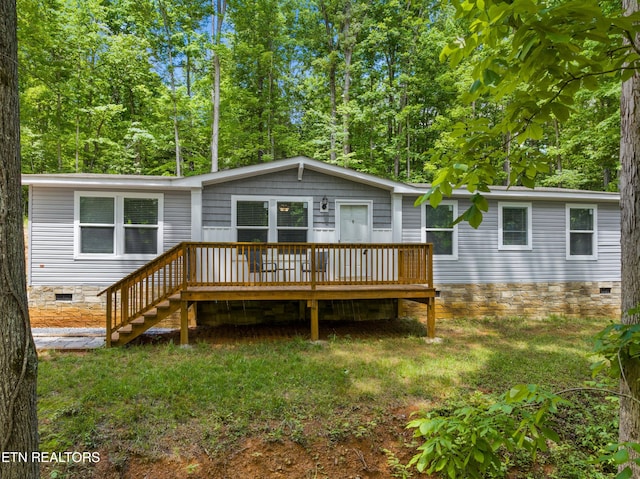 1452 Lower English Creek Rd, Newport, TN 37821 - rear view of house with a deck, crawl space, a lawn, and stairway