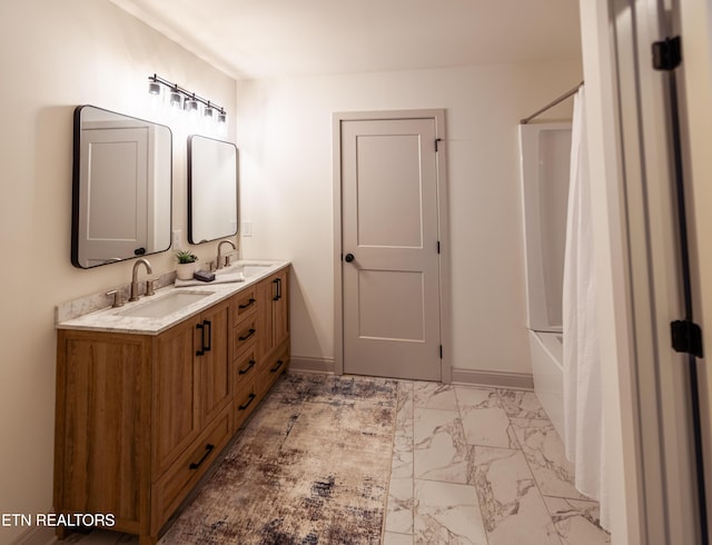 12516 Dalton View Ln, Knoxville, TN 37932 - bathroom with marble look tile flooring, double vanity, and shower / bath combo