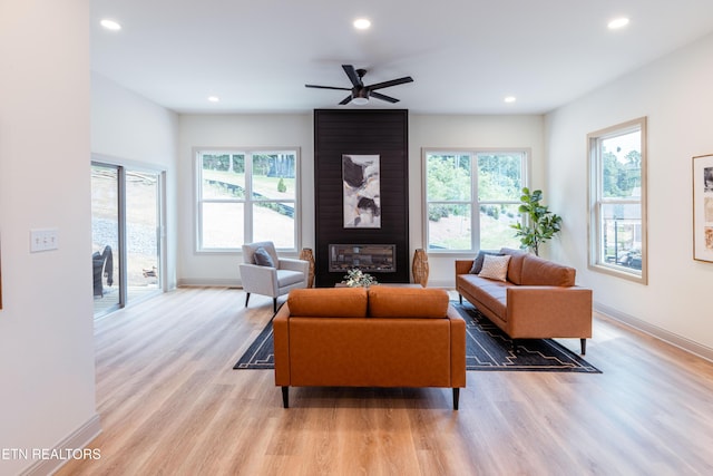 12516 Dalton View Ln, Knoxville, TN 37932 - living area with healthy amount of natural light, light wood-style flooring, recessed lighting, a ceiling fan, and a large fireplace