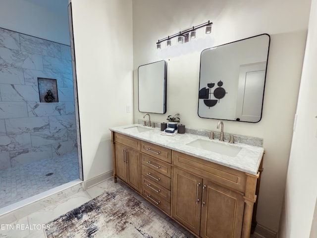 12516 Dalton View Ln, Knoxville, TN 37932 - bathroom with marble finish floors, double vanity, and tiled shower