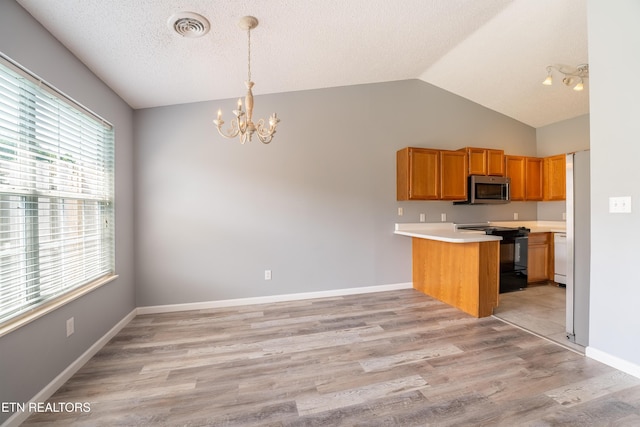 10008 Greylock Way, Knoxville, TN 37931 - kitchen featuring black electric range oven, stainless steel microwave, a peninsula, a chandelier, and lofted ceiling