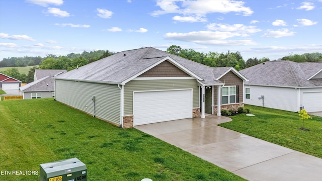 7813 Night Shade Ln, Knoxville, TN 37938 - ranch-style home with driveway, a front lawn, a garage, and stone siding