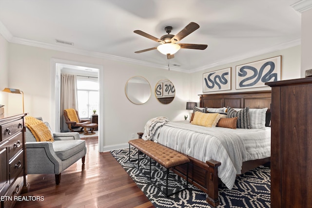 12771 Tanglewood Dr, Knoxville, TN 37922 - bedroom featuring ornamental molding, dark wood-style floors, baseboards, and a ceiling fan