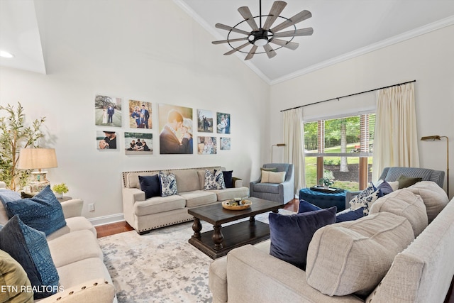 12771 Tanglewood Dr, Knoxville, TN 37922 - living room featuring crown molding, a ceiling fan, baseboards, high vaulted ceiling, and wood finished floors