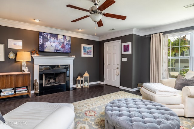 332 Caboose Ln, Maryville, TN 37804 - living room with ceiling fan, wood finished floors, baseboards, a fireplace, and crown molding