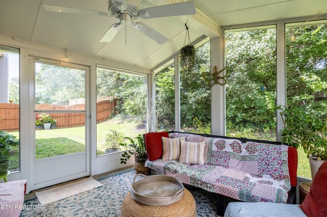 332 Caboose Ln, Maryville, TN 37804 - sunroom / solarium featuring ceiling fan, outdoor lounge area, and lofted ceiling