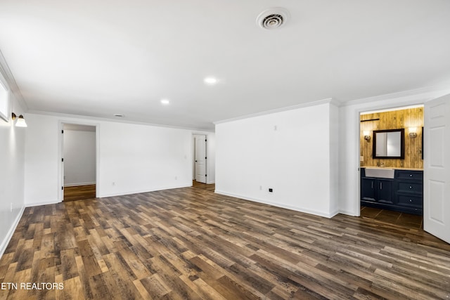 8307 Stoney View Ln, Corryton, TN 37721 - unfurnished living room featuring ornamental molding, dark wood-type flooring, baseboards, and recessed lighting